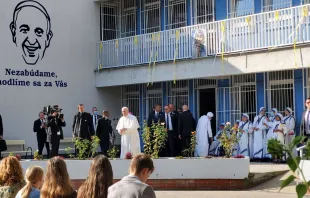 Pope Francis visits the Bethlehem Center in Bratislava, Slovakia, Sept. 13, 2021. Papal visit pool.